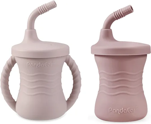 PandaEar Paquete de 2 tazas de entrenamiento de silicona para bebés con pajitas, tazas para sorber de 5 onzas para niños pequeños (1 con asas, 1 sin