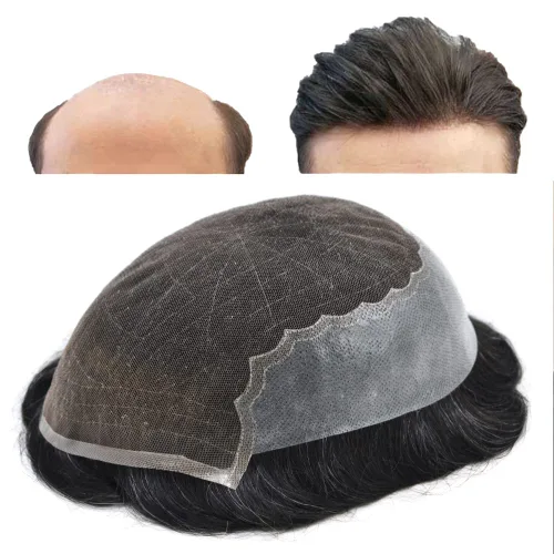 Miniatura 19 de Toupee para hombres, sistemas de reemplazo de cabello francés, encaje frontal, nudos blanqueados, línea capilar natural, encaje con piezas