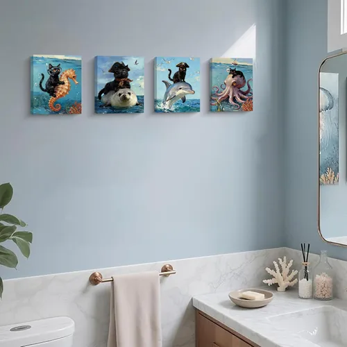 Miniatura 4 de Arte de pared enmarcado para baño, gato negro, aventura oceánica, póster de lienzo de 4 piezas de gato pirata náutico con caballito de mar, manatí