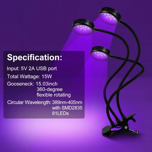 Miniatura 4 de Luz LED negra, lámpara UV de 15 W con USB, luz UV de cuello de cisne regulable de tres cabezales, longitud de onda de 389-405 nm, luces negras