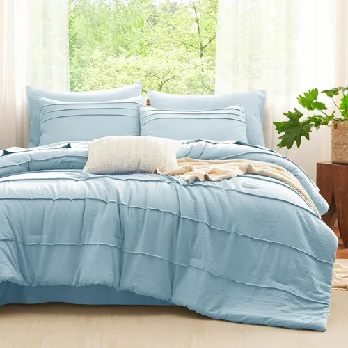 Miniatura 16 de CozyLux Juegos de Edredón Tamaño Full Beige, 7 Piezas Suave Plisado Pinch Pleat Cama en una Bolsa Juego de Edredón Full con Sábanas, Juego de Cama