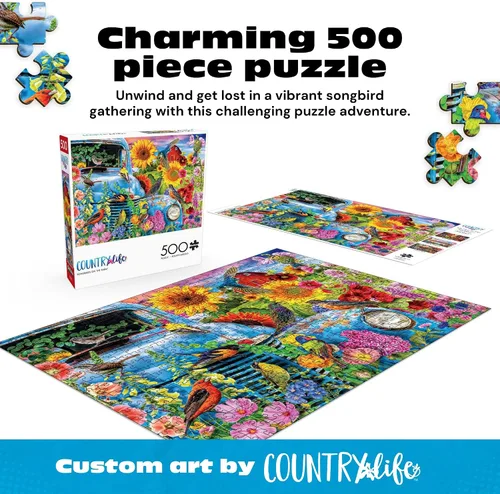 Miniatura 2 de Buffalo Games - Pájaros cantores en la granja - Lars Stewart - Rompecabezas de 500 piezas para adultos - Pájaros coloridos y flores - Rompecabezas