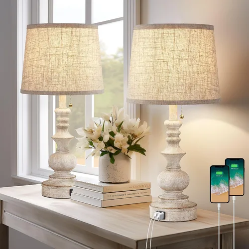Miniatura 8 de Drawealth Juego de 2 lámparas de mesita de noche de granja de 22 pulgadas para dormitorio, lámparas de mesita de noche con puertos de carga USB A+C