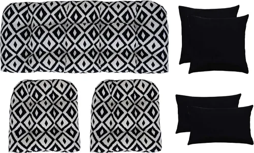 RSH DECOR Juego de 7 piezas de mimbre copetudo para interiores y exteriores, sofá biplaza, cojines cuadrados y lumbares, hecho de telas aztecas y