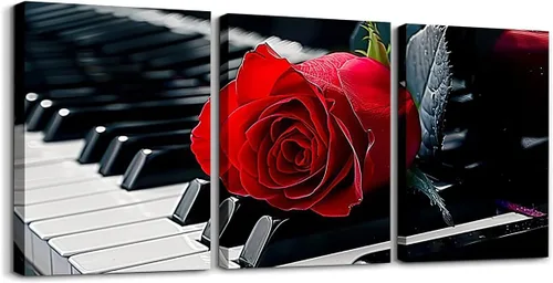 Miniatura 31 de Erosebridal Juego de 3 lienzos de pared en lienzo con teclado de piano en blanco y negro, instrumentos musicales, decoración de pared para sala