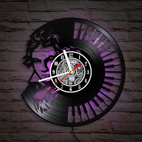 The Geeky Days Ludwig Van Beethoven - Reloj de pared con disco de vinilo LED, 7 colores de luz, 12 pulgadas, teclado de piano de cuarzo silencioso,