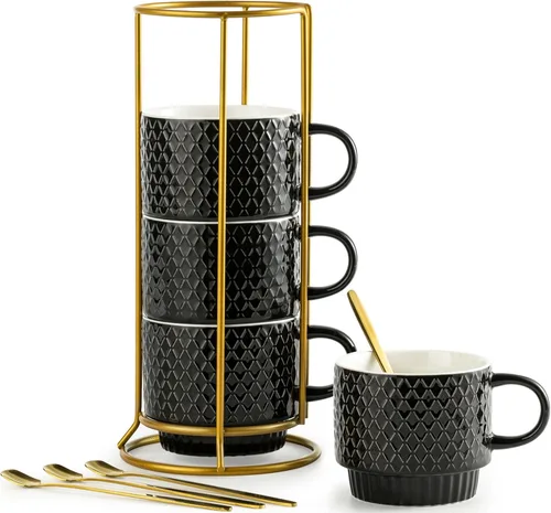 LYEOBOH Juego de 4 tazas de café apilables con estante y cucharas, juego de tazas de café de 13 oz, juego de tazas demitasse de cerámica con relieve