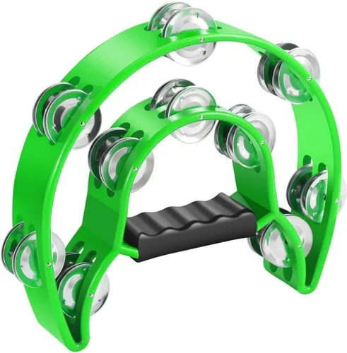 Flexzion - Pandereta de metal en forma de media luna con sonajas de doble fila, instrumentos de percusión de mano con mango ergonómico, panderetas