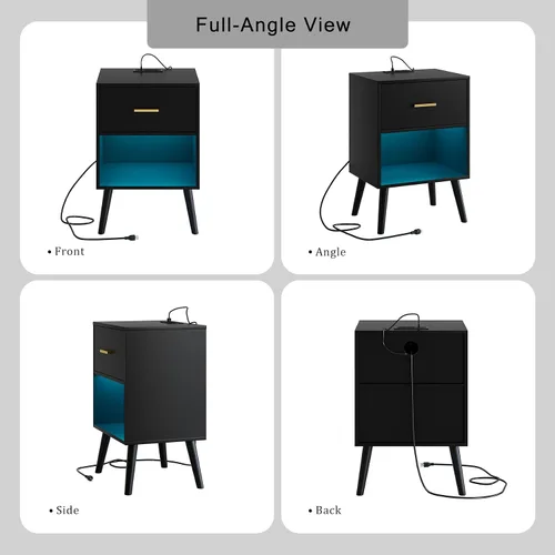 Miniatura 9 de Aienvey Mesita de noche con estación de carga y luces LED, mesa auxiliar pequeña, mesita de noche con cajón, mesita de noche moderna, mesa auxiliar