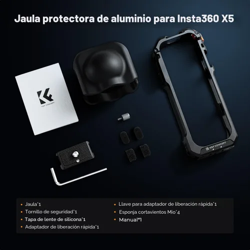Miniatura 8 de K&F Concept Jaula para Cámara para Insta360 X5, Estuche Protector de Aleación de Aluminio con Cubierta de Lente de Silicona, Marco con 2 Monturas