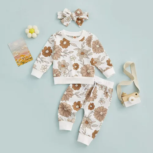 Miniatura 6 de Conjunto de 3 piezas para bebé, sudadera con margaritas + pantalones + diadema para bebé, ropa de otoño e invierno