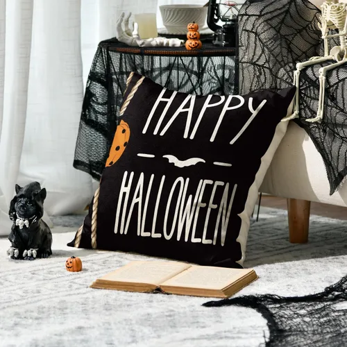 Miniatura 4 de AVOIN colorlife Happy Halloween Boo - Juego de 4 fundas de almohada con diseño de gato negro, 18 x 18 pulgadas, diseño de murciélago de calabaza
