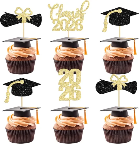 Miniatura 44 de 24 piezas 2026 decoraciones para cupcakes de graduación 2026 con purpurina clase de 2026 para graduación de graduación para felicitaciones 2026