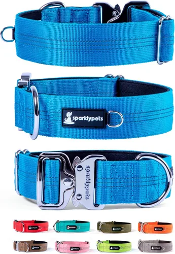 SparklyPets Collar de perro ancho de servicio pesado con hebilla cromada de liberación rápida, collar táctico grueso para perro con rayas Azul