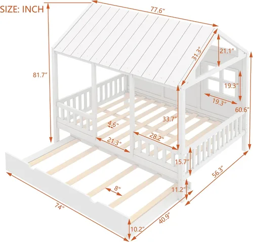 Miniatura 2 de Harper & Bright Designs Cama matrimonial con nido de tamaño individual, cama de madera de tamaño matrimonial con techo, ventanas y valla, marco