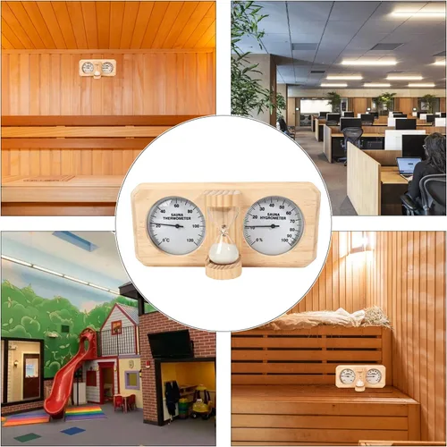 Miniatura 7 de ikare Termómetro e higrómetro para sauna 3 en 1 de madera con temporizador de arena de reloj de arena de 15 minutos, accesorios de pared para sauna