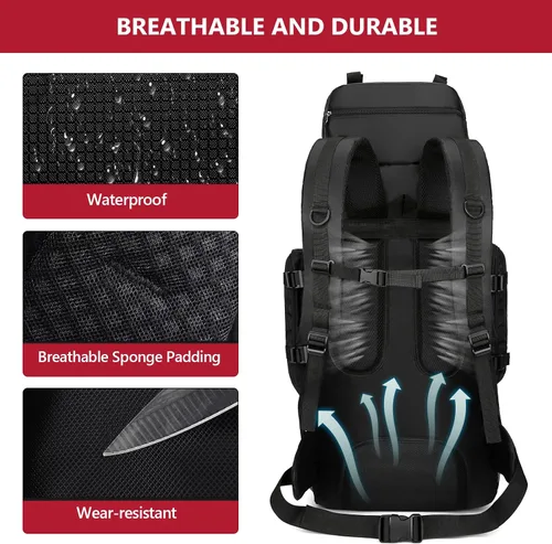 Miniatura 6 de Mochila de senderismo de 90L, bolsa de camping impermeable con cubierta de lluvia, mochila ligera para mochileros, sin marco Negro