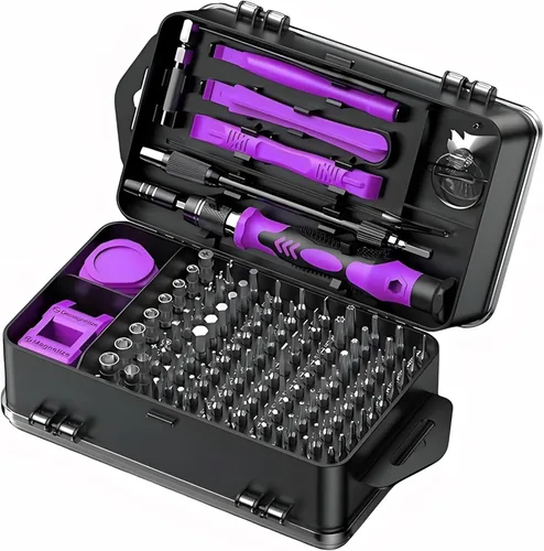 Miniatura 7 de Juego de destornilladores de precisión profesional 115 en 1, kit de herramientas de reparación de electrónica magnética con asas moradas, juego