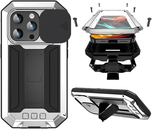 Miniatura 9 de Simicoo Funda compatible con iPhone 14 con protector de cámara de pantalla con función atril, resistente al agua, de metal militar, resistente