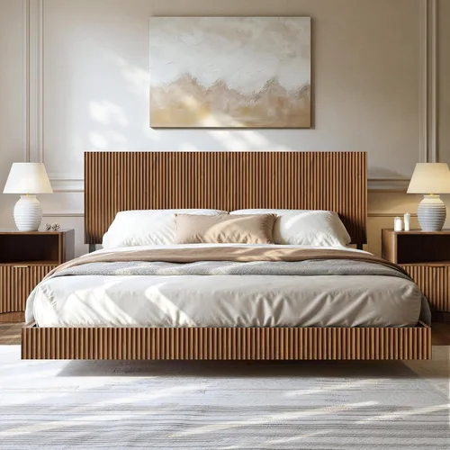 Miniatura 10 de Evermagin Base de cama flotante de tamaño matrimonial con cabecero, cama de plataforma acanalada bohemia con luces LED, marco de cama flotante