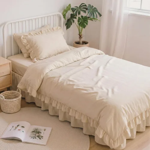 Miniatura 24 de Anluoer - Juego de cama individual con edredón de 5 piezas, rosa en una bolsa con sábanas, juego de ropa de cama de todos los días con volantes
