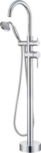 Miniatura 12 de Wowkk Llave de tina independiente Llave de tina de níquel cepillado montado en el piso Llaves de tina de latón para baño con ducha de mano