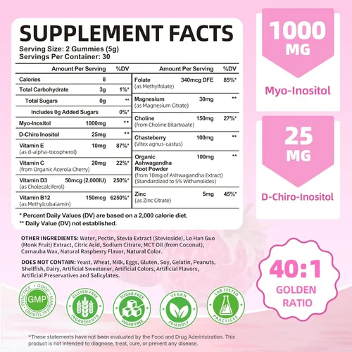Miniatura 2 de Gomitas de mio-inositol y D-Chiro inositol, suplemento ideal de proporción 40:1 para mujeres con vitamina D3 y B12 para apoyar el equilibrio