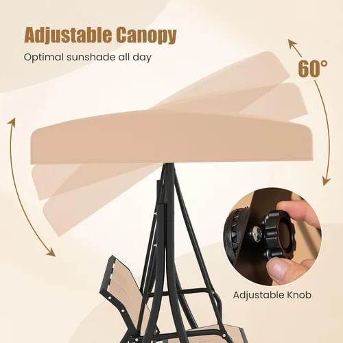 Miniatura 4 de Tangkula 3 Person Porch Swing, Patio Swing with Adjustable Canopy, Heavy-Duty Frame, Breathable Fabric, Outdoor Swing for Porch, Garden, Backyard