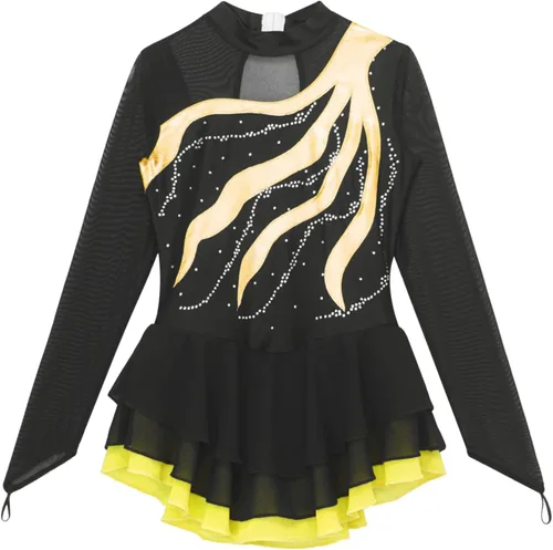 Miniatura 13 de Loyan Vestido de patinaje artístico brillante para niñas y niñas, de malla, de manga larga, patinaje sobre ruedas, competición de baile