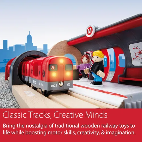 Miniatura 6 de Set de ferrocarril urbano BRIO - Set de 20 piezas con certificación FSC de madera y accesorios - Locomotora con luz y sonido, quiosco, pistas