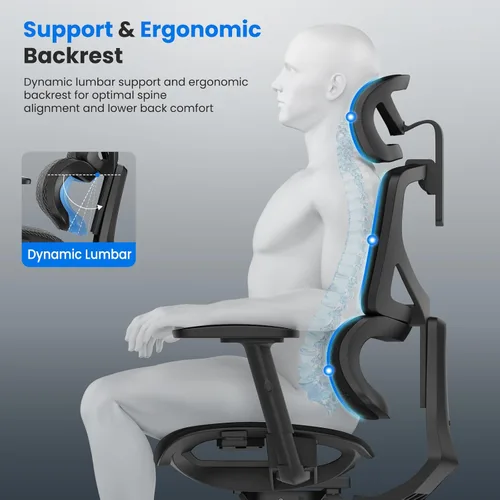 Miniatura 3 de OdinLake L1 Ergo Upgrade 518 - Silla de oficina ergonómica de malla gris – Grande y alta, 350 libras, soporte lumbar ajustable, profundidad