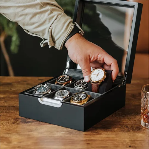 Miniatura 4 de CASE ELEGANCE Caja de reloj moderna 2x3 acabado negro con mango de aluminio personalizado 6 ranuras con vidrio real
