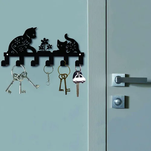 Miniatura 6 de CREATCABIN Soporte de metal para llaves, ganchos negros para colgar en la pared, organizador colgante decorativo con 6 ganchos, patrón de gato