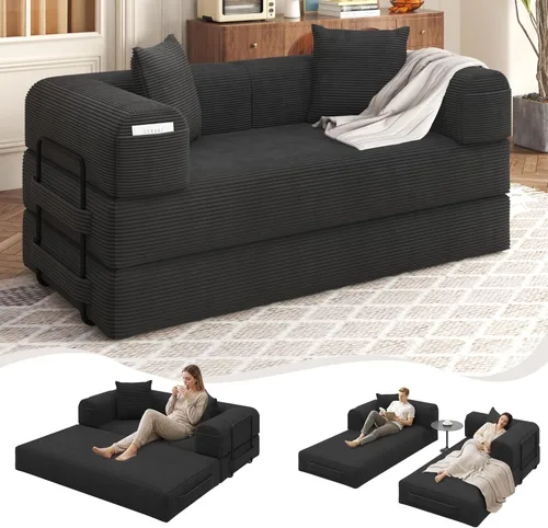 Sofá cama convertible de 80 pulgadas, sofá cama modular 5 en 1 sin hueso con marco fijo y almohada de respaldo extraíble, sofá futón de pana lavable