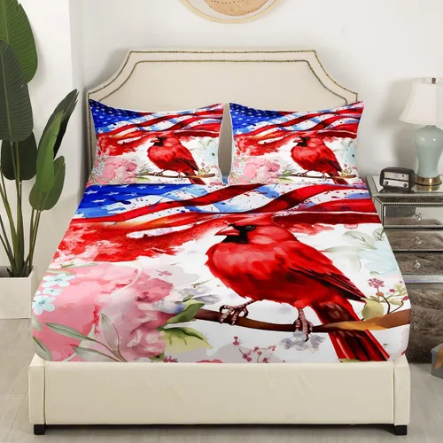 Miniatura 3 de Erosebridal Juego de sábanas de cardenal con bandera estadounidense, tamaño individual, coloridas flores florales, sábana bajera ajustable con ramas