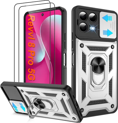 Miniatura 40 de ATUMP Funda para T-Mobile Revvl V Plus 5G con protector de pantalla HD con cubierta de cámara deslizante, soporte de anillo de rotación de 360° Negro