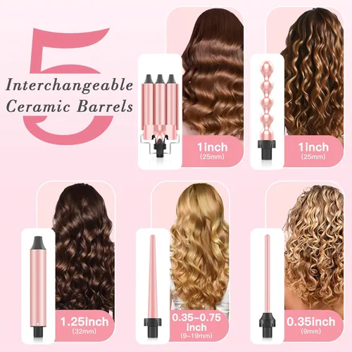 Miniatura 2 de MOCEMTRY Juego de Varita Rizadora 5 en 1 (0.35"-1.25") con Crimpador de Cabello de 3 Barriles, Varita Rizadora de Burbujas y 3 Barriles de Cerámica