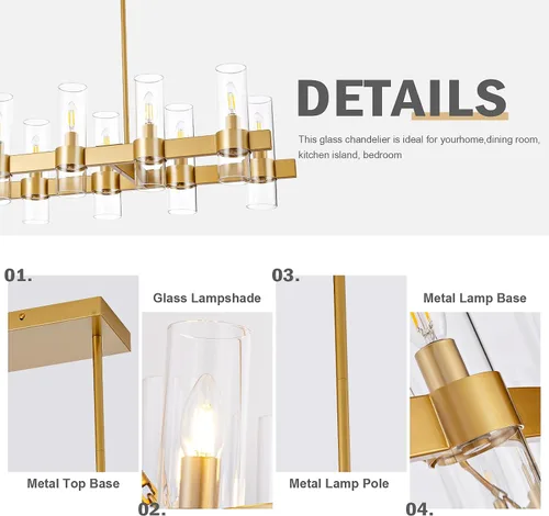 Miniatura 4 de Candelabros Lineales Dorados para Comedor, Candelabro Rectangular de 54" con Vidrio, Candelabros Modernos de 16 Luces Sobre Mesa, Candelabro
