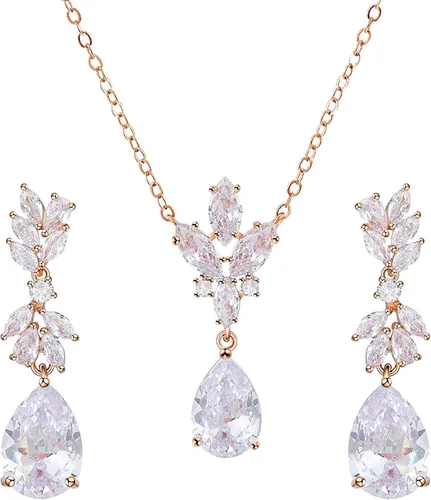 SWEETV Wedding Jewelry Sets for Brides Bridesmaid,Cubic Zirconia Teardrop Bridal Necklace Earrings Set Wedding Prom Jewelry for Women