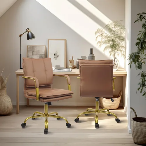 Miniatura 4 de CLATINA Sillas de Escritorio de Cuero para Oficina en Casa, Silla Giratoria de Respaldo Medio para Computadora con Patas y Brazos Dorados, Cómoda