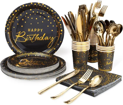 175 piezas de juego de vajilla desechable para fiesta de cumpleaños, vajilla de papel en negro y dorado con tenedores, cuchillos y cucharas de
