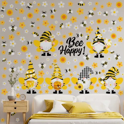 Miniatura 7 de Capoda 167 calcomanías de pared de gnomo de abeja, 6 hojas de calcomanías de pared de gnomo de girasol para ventanas de vidrio, calcomanías