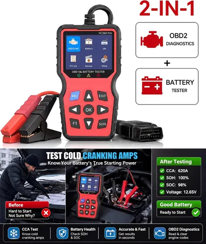 Miniatura 3 de Escáner OBD2 2 en 1 con probador de batería: códigos de motor de lectura y verificación clara de 1S + batería de prueba en 3 minutos - Herramienta