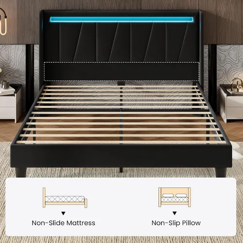 Miniatura 3 de SHA CERLIN - Base de cama Queen con estación de carga y luces LED, cama moderna de plataforma de terciopelo con cabecero tapizado geométrico,
