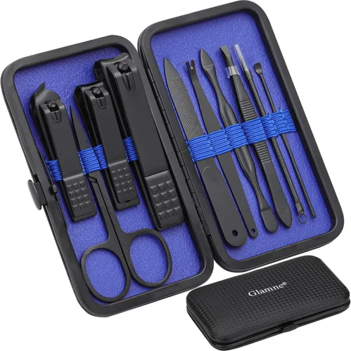 Glamne Juego de manicura cortaúñas profesional de acero inoxidable herramientas para el cuidado de uñas con estuche de viaje de cuero 10 en 1, azul