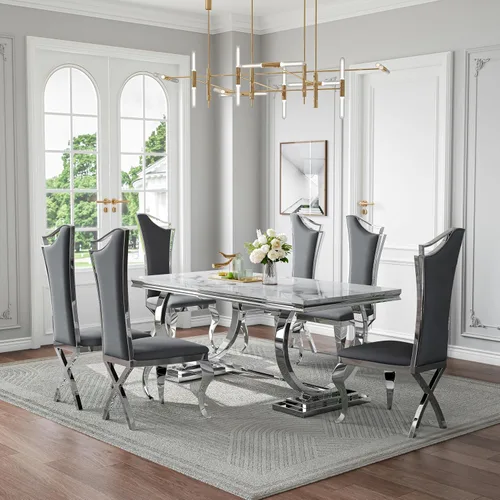 Miniatura 16 de Juego de mesa de comedor de mármol de 70 pulgadas para 6, mesa de cocina grande y sillas de cuero negro, mesas de comedor modernas negras y doradas