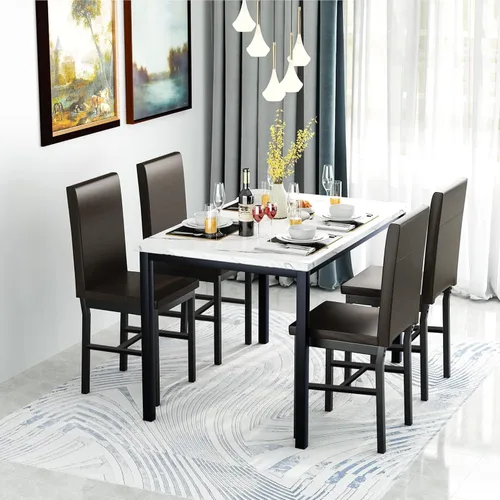 Miniatura 6 de Juego de mesa de comedor de 5 piezas Hooseng para 4 con tapa de mármol sintético y sillas de terciopelo, juego de mesa de cocina moderna que ahorra