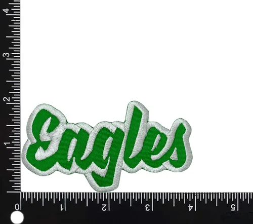Miniatura 22 de (2 x 4 pulgadas) Eagles, espíritu de equipo, bordado, parche para planchar (sarga blanca/contorno verde)