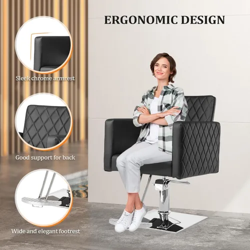 Miniatura 4 de Bonnlo Silla de salón para estilista asiento ancho, silla de peluquería hidráulica con reposapiés de aleación de aluminio, silla de peluquería negra