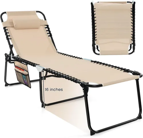 GYMAX Sillas de salón para exteriores, tumbona de bronceado plegable extra alta con respaldo ajustable, reposapiés y almohada extraíble, salón para